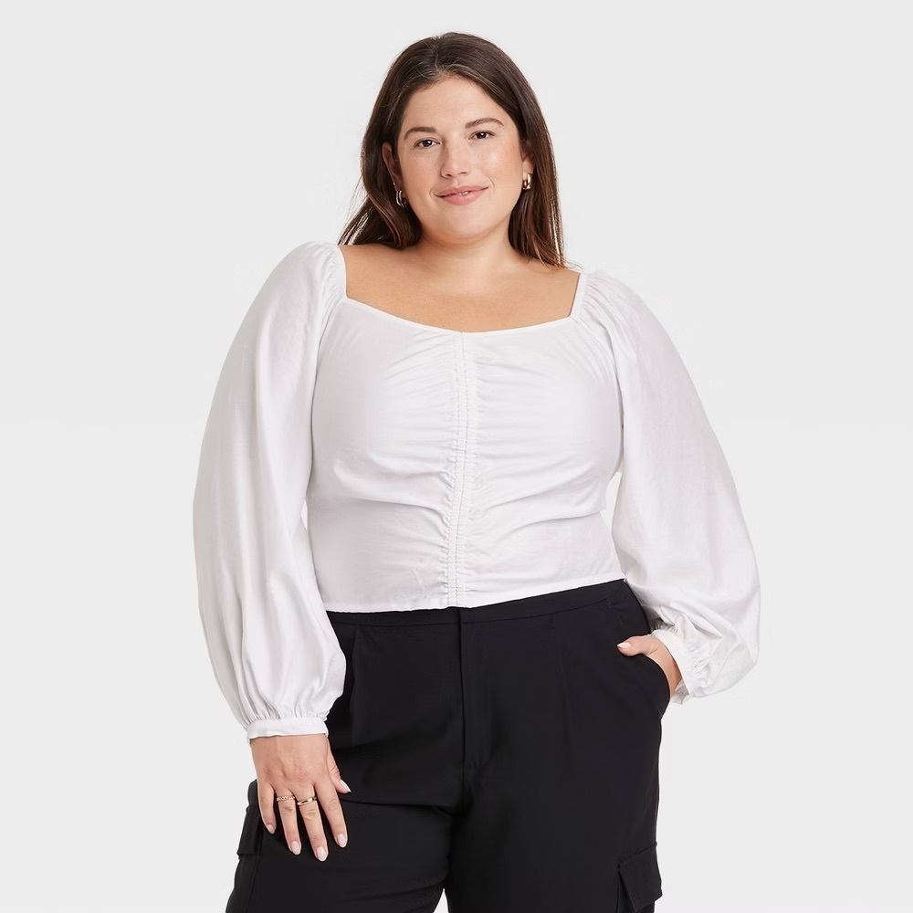 A New Day White Ruched Blouse NWT Size 4X Puff Sleeve Square Neck